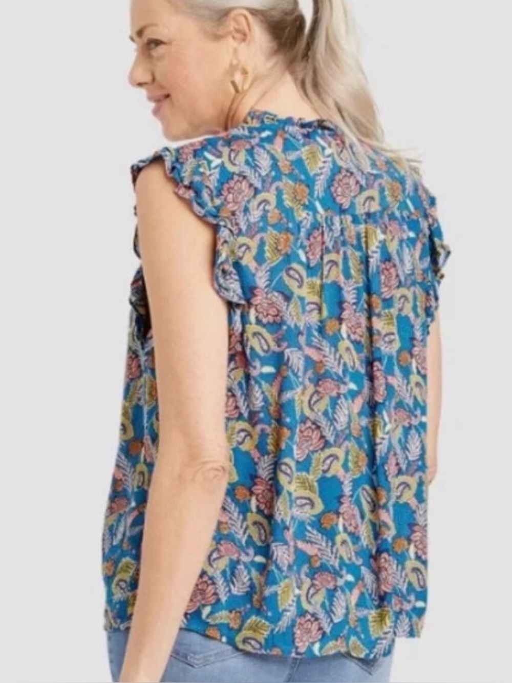 Knox Rose Blue Floral Ruffle Sleeve Tie-Neck Blouse XXL - Picture 4 of 11
